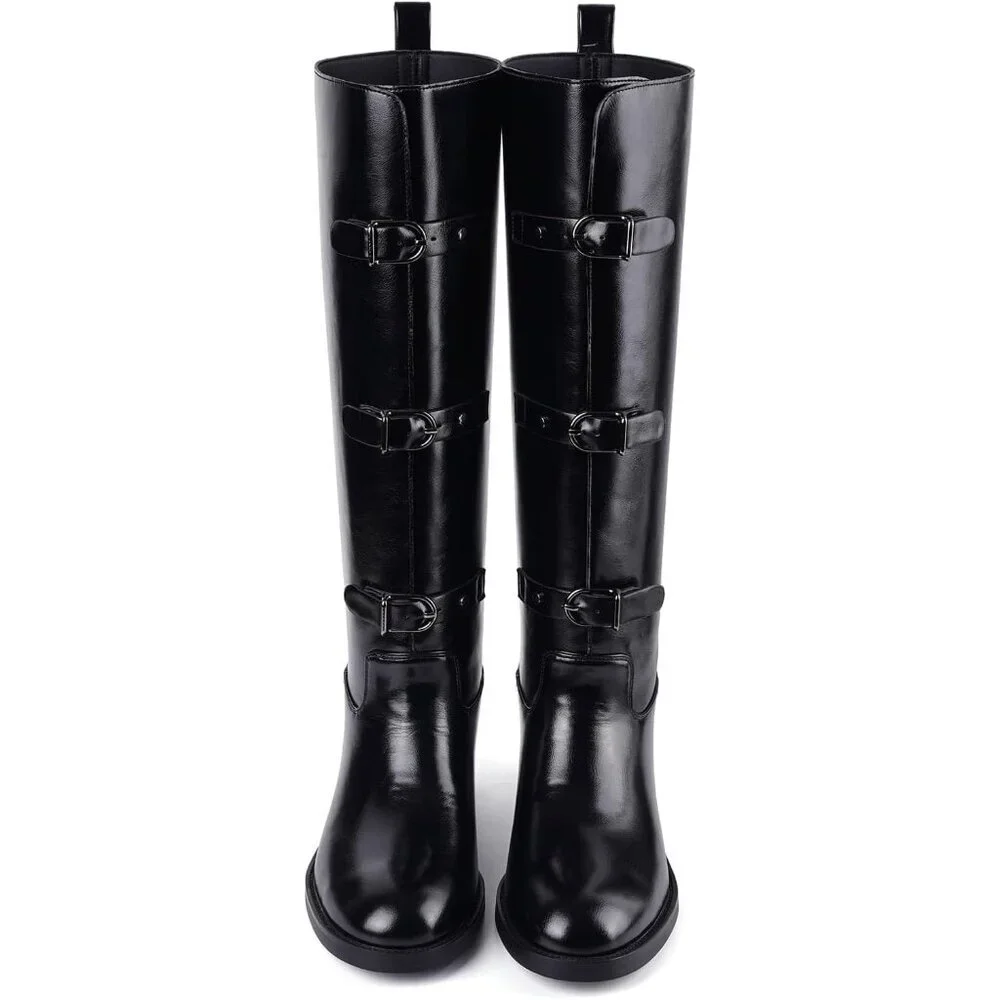 Women's C-black Round Toe Wide Calf Chunky Low Heel Pull Knee High Boots Rubber